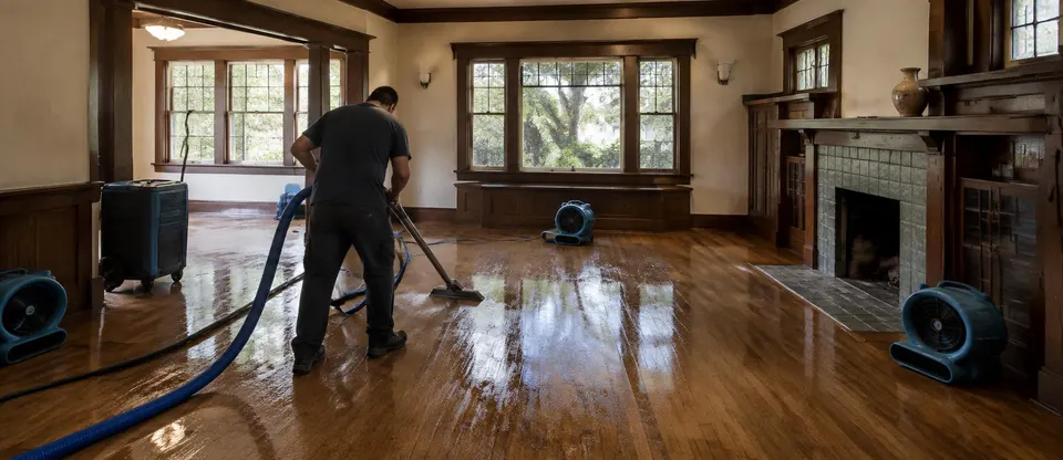 Generated illustration of a technician in dark work clothes extracting water from a hardwood floor in a Craftsman living room with air movers and a dehumidifier
