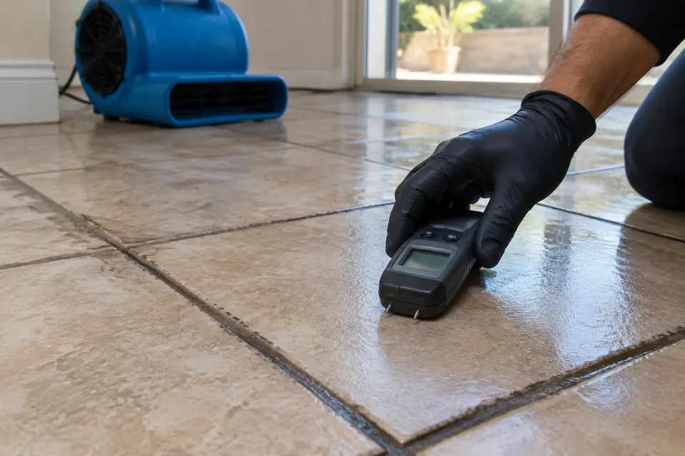 Generated illustration of a gloved hand placing a moisture meter on a damp tile floor